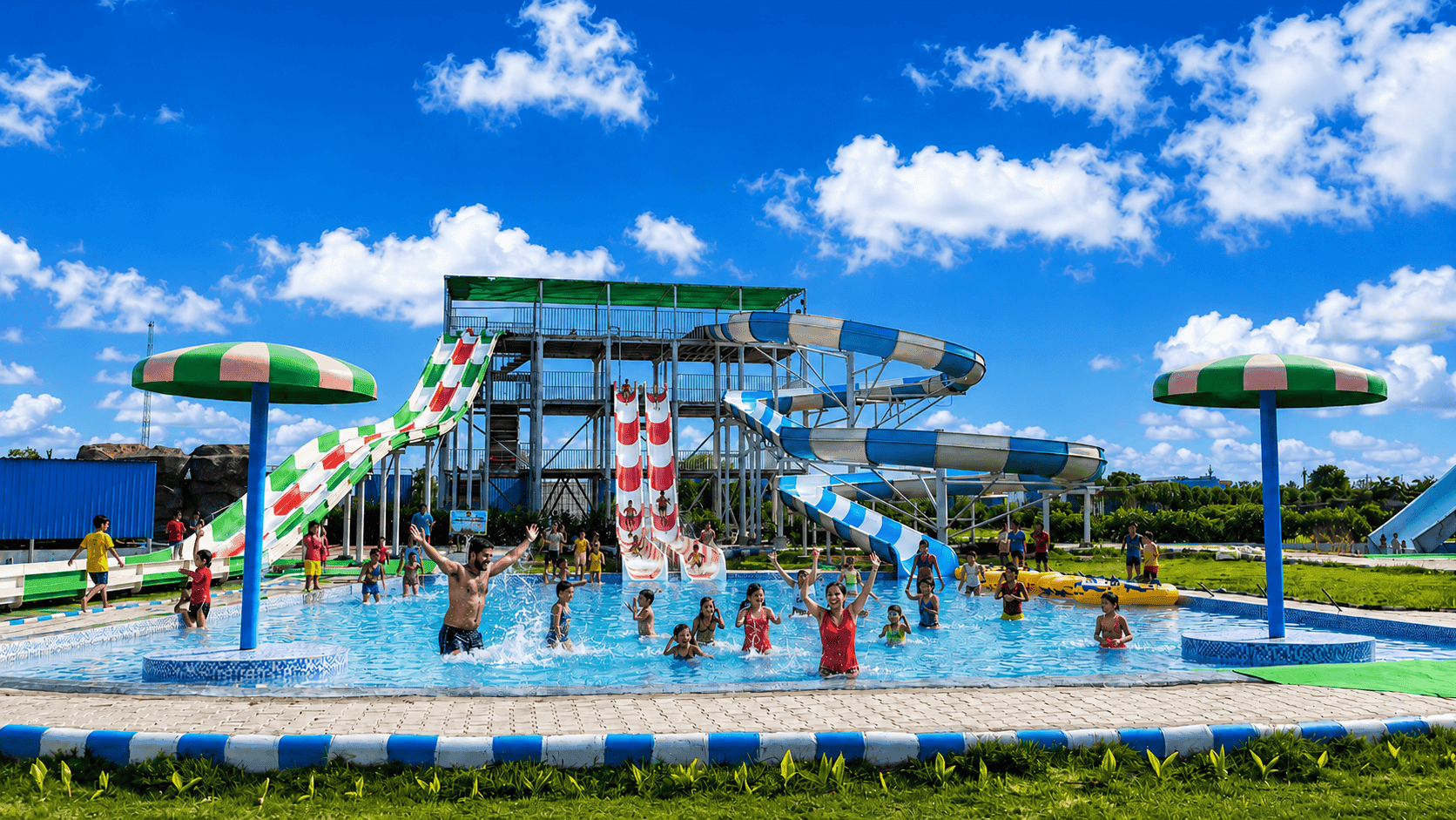 The multi-level slide tower and splash pool at Dolphin Water Resort