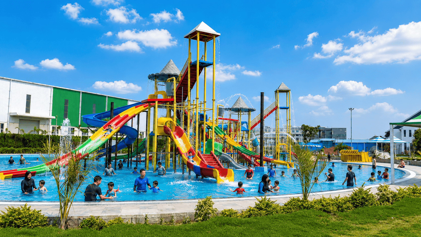 The colourful multi-level water play station with fountains and slides